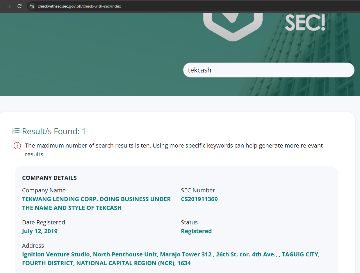 SEC Check with SEC search result for Tekcash showing Tekwang Lending Corp., SEC number CS201911369, status Registered